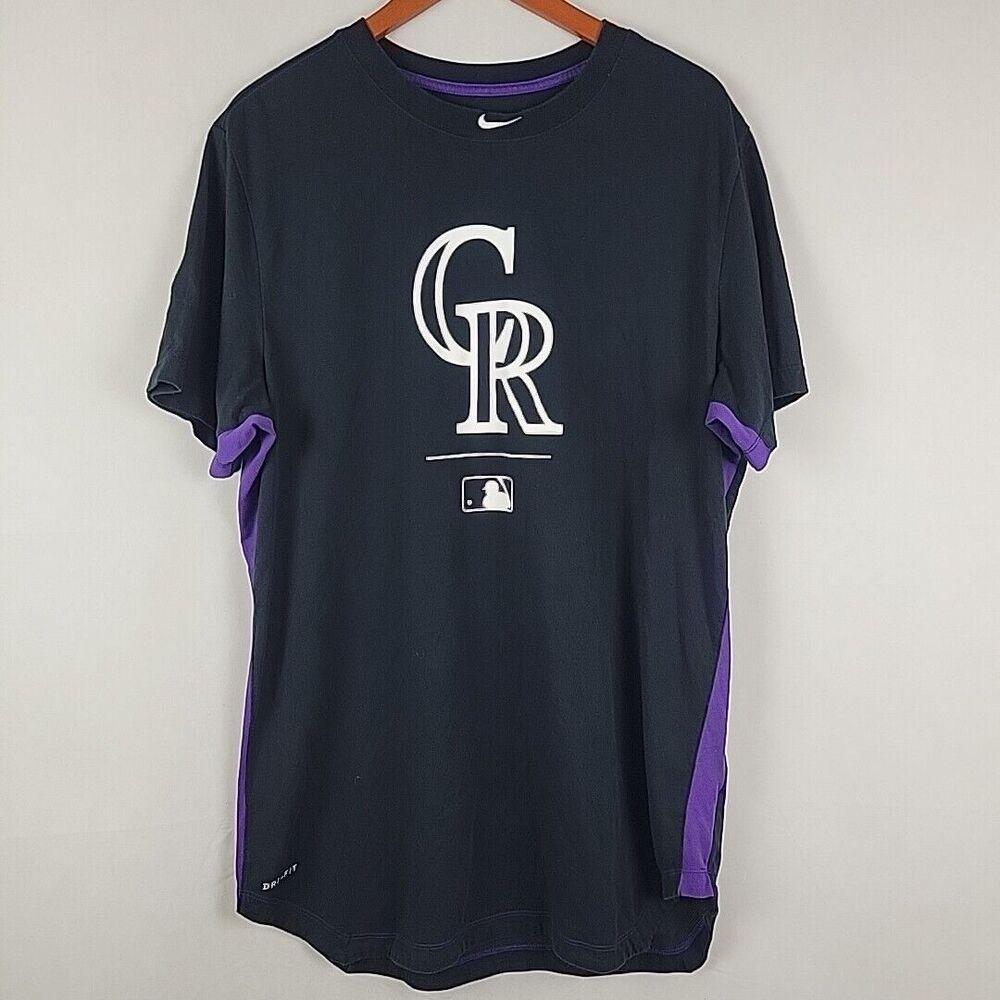 Nike COLORADO ROCKIES TShirt Men XL Athletic Cut Center Swoosh Curved Hem Jersey